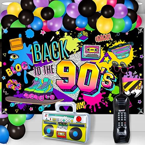 Украса за партита на 90-те години през 80-те Банер на 90-те в стил хип-Хоп Фон с Надуваеми радио Бумбоксом Надуваеми Топки за мобилни Телефони за парти на 80-те и 90-те Тематичен Фон за Фотобудки Вечерни Аксесоари