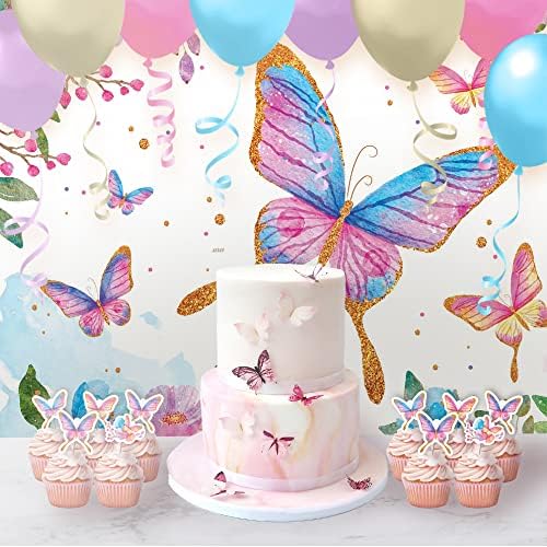 Винил фон за парти с пеперуди премиум–клас 7x5 фута - Пъстри цветя с блестящ златен дизайн, идеални за детската душа, рожден Ден или всякакви декорации за партита с пеперуди