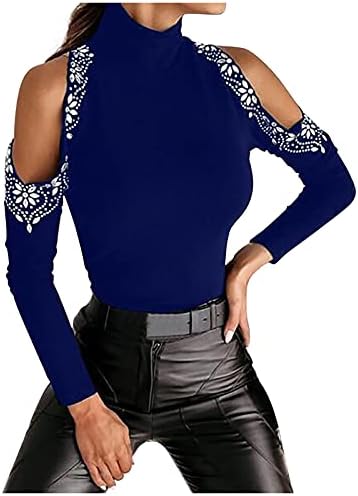 Дамски Блузи с открити Рамене, Поло с Дълъг Ръкав, Пуловер с Цветен Модел и Кристали, Сексуална Тънка Блуза, Hoody, Върхове