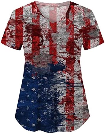 Тениски с Флага на САЩ за жени, на 4 Юли, Лятна Тениска с Къс ръкав и V-образно деколте, 2 Джоба, Блузи, Празнична Ежедневни работни Дрехи
