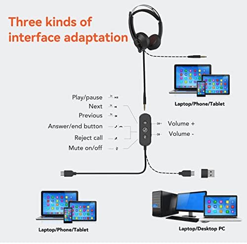 Слушалки NUROUM с микрофон, кабелен шумопотискане, базирани на изкуствен интелект, конектор USB A/Type-C /3.5 мм за разговори/ игри / музика.