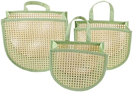 Множество чанта за пазаруване YAHUAN Тъкани Бамбукови чанти за пазаруване, Здрави и Екологично Чисти-Зелена чанта с дръжки, Комплект от 3
