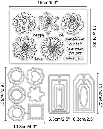 Етикети с цветя GLOBLAND Издълбани с Щампи и Прозрачен Печат на Слънчоглед, Гергина Хортензия, Лилия, Рози Шаблон за Релеф и Силиконов Печат за направата на картичка в стил Scrapbooking САМ Занаятите Decoration