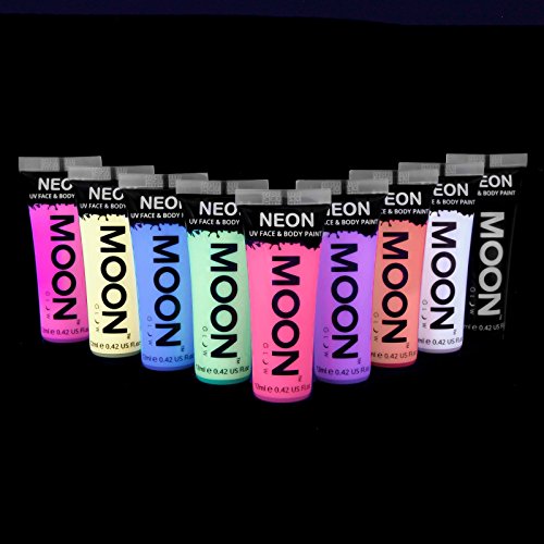 Moon Glow - Пастельная Неон UV-боя Blacklight за лице и тяло - Комплект от 9 теми с тегло 0,42 грама - включва UV-ключодържател