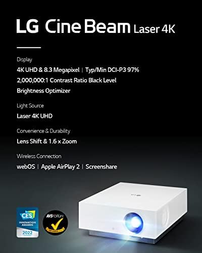 LG HU810PW 4K UHD (3840 x 2160) Интелигентен двухлазерный проектор CineBeam с резолюция 97% DCI-P3 и 2700 ANSI Лумена