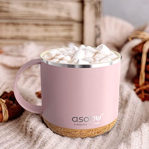 Кафеена чаша asobu Infinite от неръждаема Стомана с Вътрешен Керамично покритие и Корк стойка 16 унции (Розова пудра на прах)