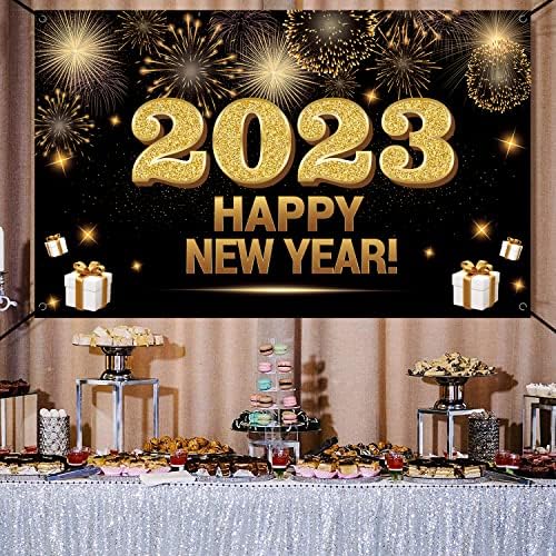 Lucleag Фон честита Нова година 2023, нова година фон за декорация на партита, 70,9x43,3 инча, Банер честита Нова година, Черен NYE Декор, Фотофон за парти в навечерието на Нова година, Подаръци (стил 1)