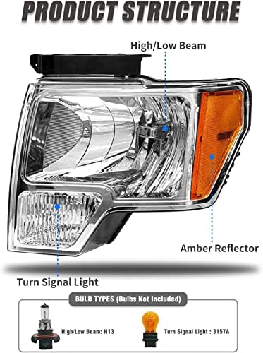 TopAutoGear 2009-2014 Ford F150 Пикап на Прожекторите В събирането за 2009-2014 Ford F150 Прозрачни Лещи Хромиран Корпус с Кехлибар Рефлектор Смяна на фарове на Ляво и на дясно