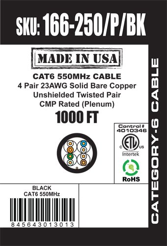 Вертикален CAT6 кабел, 550 Mhz, UTP, 23AWG, 8C, Плътна Мед, Инжектиране, 1000 метра, Дълъг кабел Ethernet - Произведено в САЩ, черен