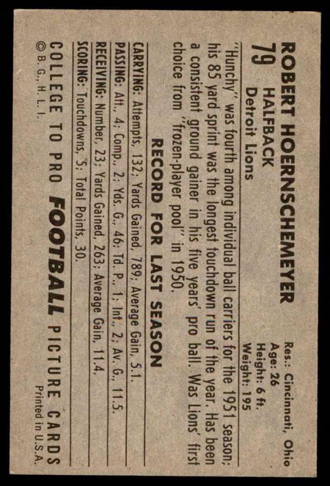 1952 Боуман Голям # 79 Боб Хорншемейер Детройт Лайънс (Футболна карта) EX/MOUNT Лайънс Индиана
