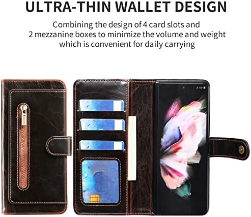 Чанта-портфейл ASHATA за Samsung Z Fold 3 с панти капак, Магнитен Калъф-портфейл от Изкуствена кожа с държач за карти, стойка, панти капак и цип, за Носене-портфейл за мобилен телефон, Черен