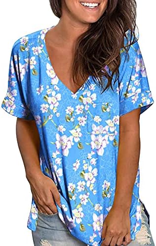 Дамски летни топове, дамски блузи с цветен модел, тениска с къс ръкав и V-образно деколте, туника с цепка отстрани, тениска, потник, блуза, син цвят