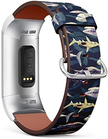 Съвместим с Fitbit Charge 4 / Charge 3 / Charge 3 SE - Кожена каишка за часовник, каишка за китката-гривна с адаптери от неръждаема стомана (вид акули - синя Арлекин Кит)