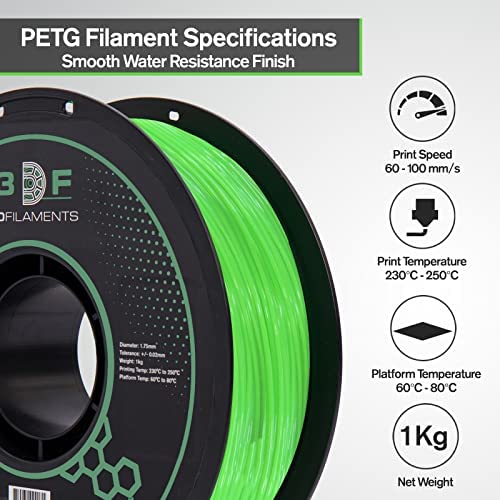 Конци за 3D печат - Прозрачна Зелена нишка PETG 3D на 3D принтери FDM | Нишка PETG 1,75 мм | Точност +/- 0,02 мм | макара с тегло 1 кг (2,2 кг) | Опаковка 1