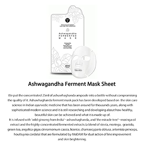 MODAM 2-степенна Ферментированная маска Ashwagandha (10 броя, 2 седмици) | Интензивно хидратиране и освежаване на кожата с Масло от Моринги и Ампула витамин С | Cupra Silk Mask