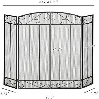 3-Панелен Сгъваем Камина, екран HOMCOM, Домашен Стоманена Искрогаситель за изгаряне на дървесина с Декоративен модел под формата на Лозя, 41,25 x 31,75, Черен