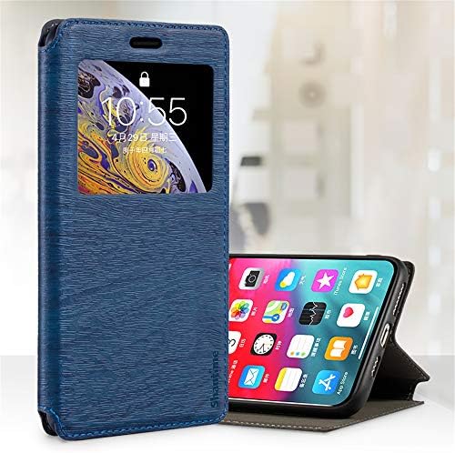 Калъф Shantime за Asus ROG Phone 6D Ultimate, Калъф от естествена кожа с държач за карти и прозорец, флип-надолу Магнитен капак за Asus ROG Phone 6D Ultimate (6,78), Синьо