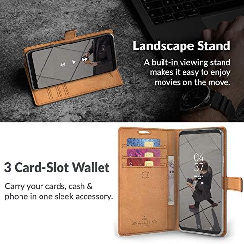 Ретро портфейл Snakehive за Samsung Galaxy S9 ||Чанта-портфейл от естествена кожа за телефон || Естествена кожа с поставка за гледане и 3 за притежатели на карти || флип-надолу корица-фолио с отделение за карти (кафяв)