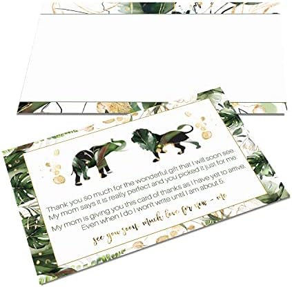 Картичка с благодарност в тропически детската градина (25 бр.), Предварително напълнени с бележка от момче или момиче – Индивидуални картички с конвертами - Кажи благодаря, от бебета – Кралски джунгла в зелено и златно,
