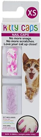 Капачки за нокти Кити Caps за котки | Сигурна, стилна и хуманен алтернатива отстраняване на нокът | Предотвратяват появата на зацепов и драскотини, X-Small (с тегло до 5 кг.), бели с розови върховете и прозрачни, с