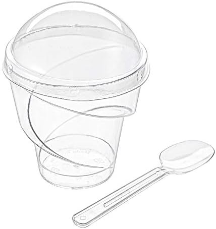 Форайн 100-Опаковка по 5 мл. Дебели Пластмасови Десертни чаши със 100 Капаци и 100 Лъжици, за Еднократна употреба за Многократна употреба Обслужването на Купички за Закуски