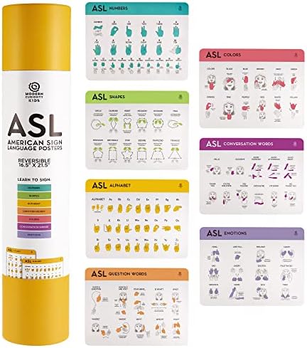 Плакати за практикуване на американския език на знаците, ASL в 7 опаковки - Заден Ламиниран азбука размер на 21,5 x 16,5 инча, цифри, Форми, Цветове, основни думи за разговор, Въпросителни думи и прости емоции