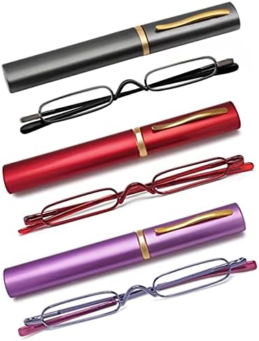 OWTXIS 3 опаковки мини-очила за четене с тънка дръжка - Компактни Ридеры с калъф-клипсой за химикалки, очила метална рамка с пружинным тръба на шарнирна връзка (Оръжеен метал, червено, лилаво, 2,50)