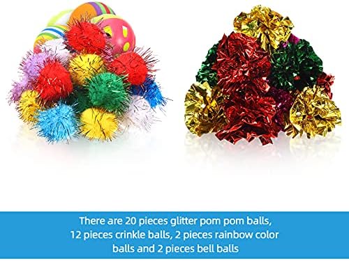 Civaner 36 Бр. Цветни Играчки топки, за котки, Интерактивни играчки топки, за Котки с пластмасова бутилка, включват топки с лъскава pom-помераните, топки с завои, топки за котки цветове на дъгата, топки със звънци,