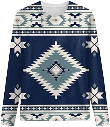 Реколта ризи за жени, ежедневни тениски с принтом в етнически стил на ацтеките, върховете в западен стил с дълъг ръкав и геометричен модел, блуза