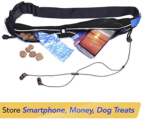 Paw начин на живот Разтегателен каишка за кучета, без ръка, с чанта за смартфон – Колан каишка с две дръжки на бънджи за големи кучета с тегло до 150 кг (черно-син с чанта за смартфон)