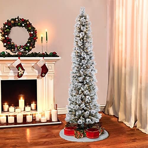 Изкуствена Коледна елха от флокированной Портлендской бор Молив от Puleo International дължина 6,5 метра, с 300 Прозрачни крушки, включени в списъка на UL