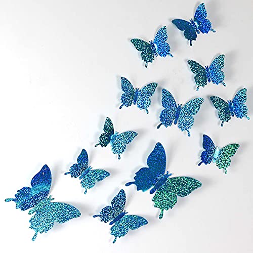 Декор на стените с пеперуди, 24ШТ 3D Декорации за Торта с Пеперуди за Украса на Торта, боядисани стени, Декорации за Сватбени партита (Блясък-Син)