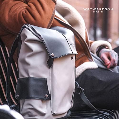 Мъжки раница WAYWARDSON от веганской на кожата, Пътна чанта за бизнес пътувания и екскурзии, лента на гърба и чанта за лаптоп в комплекта (черен и бял)