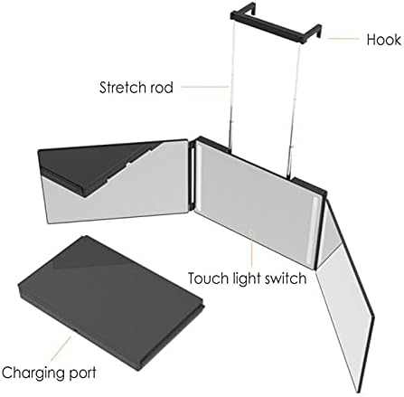 TZUTOGETHER 3-Позиционен Огледало, Перезаряжаемое огледало на 360 градуса с подсветка, Регулируема по височина Коса огледало за Самостоятелно подстригване на коса, Инструменти и системи на самообслужване, Бръснене,
