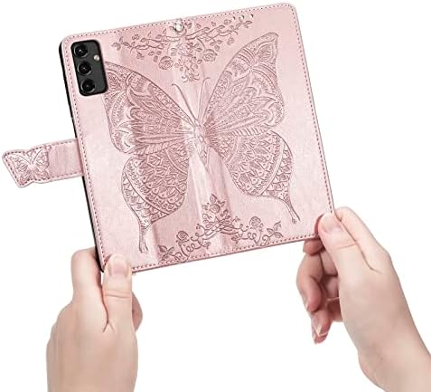 Чанта-портфейл DiGPlus Galaxy A14 5G, Кожен калъф-портфейл с отпечатан във формата на пеперуда и цвете, флип-надолу Защитно покритие за мобилен телефон с отделения за карти и стойка за Samsung Galaxy A14 5G (Розово
