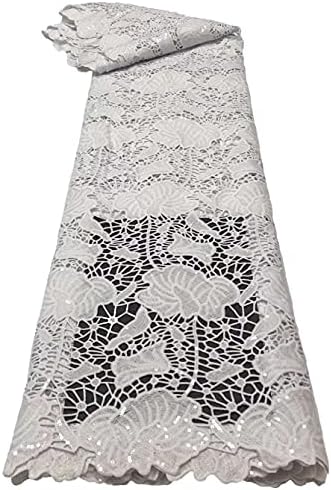 Лейси Плат от Гипюрового Кабел с пайети, обикновена Африкански Дантелени Тъкани, 5 Ярда В страната за производство на плат (Бял, 5 ярда)