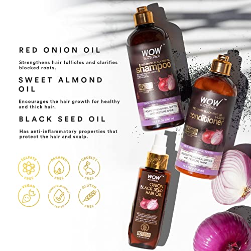 Набор от шампоани и балсами за WOW Skin Science Onion Black Seed Oil масло за коса за силна, мека коса и блясък – Средство за грижа за Сухи и Повредени коси за всички типове коса, без сулфати, парабени, силикон (шампоан,
