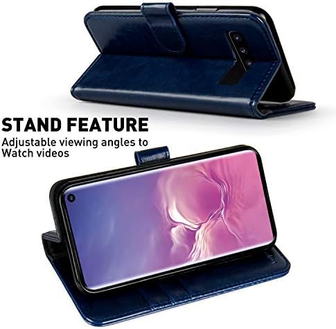 Чанта-портфейл MONASAY за Galaxy S10, [Защитно фолио за дисплея в комплекта] [RFID заключване] Кожен калъф-книжка с панти капак и притежател на кредитна карта Samsung Galaxy S10 6,1 инча Синьо