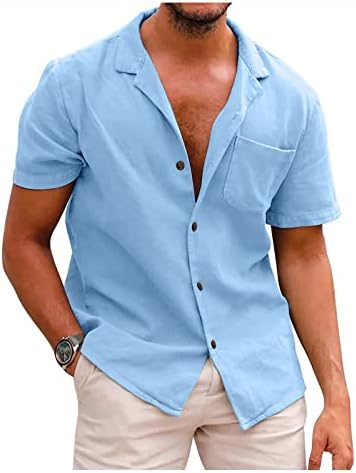 Мъжки Памучни Ленени Ризи 2023, Лятна Мода Однотонная Ежедневни Риза с Копчета с Джобове, Удобни Блузи с Къс Ръкав