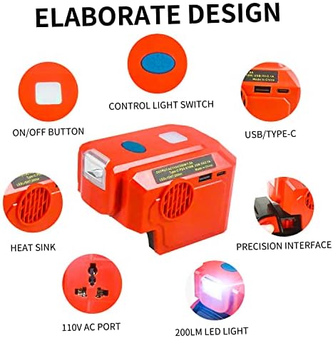 Преносим инвертор с мощност 200 Вата, съвместим с една литиева батерия Milwaukee 18 В, с розетка от ac и USB/Type-C, led подсветка 200ЛМ, напрежение от 18v dc до 120 vac за инструментална стая, гараж, къмпинг (батерии
