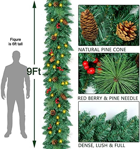 9 ФУТА Предварително Осветени Коледна Гирлянда със 100 Светлини, Коледни Украси, Градинска Коледна Гирлянда с Подсветка за Мантия, Стълбищни Парапети, коледно Дърво, Предварително Осветени Коледна Гирлянда, Коледна