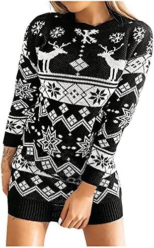 Женствена рокля-пуловер Mebamook, Модно Коледно Рокля-пуловер с Дълъг ръкав и кръгло деколте, Вязаное Рокля с Принтом