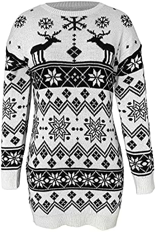 Женствена рокля-пуловер Mebamook, Модно Коледно Рокля-пуловер с Дълъг ръкав и кръгло деколте, Вязаное Рокля с Принтом