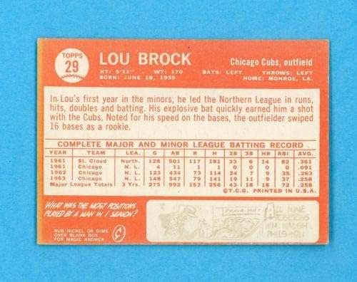 1964 Бейзболна картичка Topps 29 Лу Брока Чикаго Къбс EX+ - Ex/ Mt o / c dc bk - Бейзболни картички с надписи