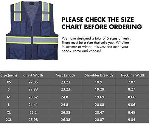 Жилетка за безопасност FONIRRA за мъже, Отразяваща, с 8 джобове и цип, Мрежест Жилетка с висока видимост, Строителен жилетка за безопасност ANSI клас 2 Hi Vis (Син, XL)