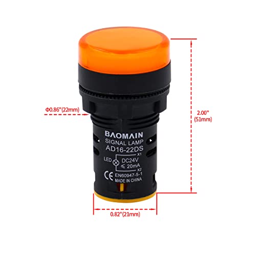 Baomain 22 мм Led Индикатор Контролна лампа AD16-22D 24 НА 20 мА Енергоспестяващ Жълта Опаковка от 5