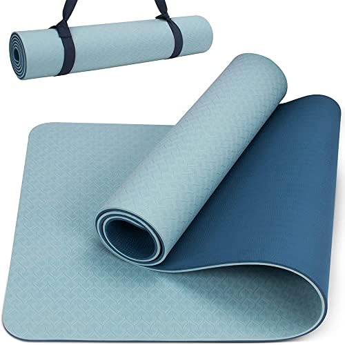 Нескользящий килимче за йога XIAOJIALIN Дебелина 0,31 инча (8 мм) с каишка, подложка за фитнес от ТПЭ за практикуване на йога и пилатес, 72 × 24 инча (183 × 61 см), на Големи постелки за йога за жени, мъже и деца-Подложка