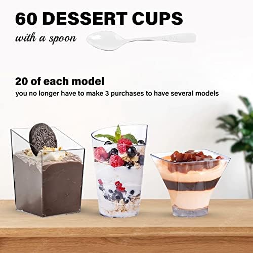 60 десертни чаши в опаковка по 3 грама, 2,5 грама и 2 грама. 3 разновидности по размер и форма, така и по 20 броя във всяка форма, са идеални за леки закуски, десерти и сервиране, плюс 60 БЕЗПЛАТНИ лъжици