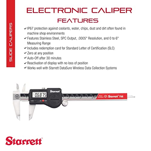 Електронен шублер Starrett от неръждаема стомана IP67 с резолюция SLC - 0-6 в диапазона.0005, LCD дисплей, изход СЕП, конвертиране в инч/мм - 798B-6/150 W/SLC