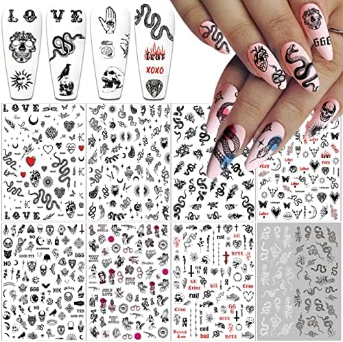 Етикети за дизайн на ноктите под формата на Змия, Стикери, 3D, Черен Череп, Готически Стикери за нокти, Дизайнерски Аксесоари за Дизайн на ноктите, Аксесоари за Дизайн на ноктите в стил хорър, Ужасни Зли Стикери за